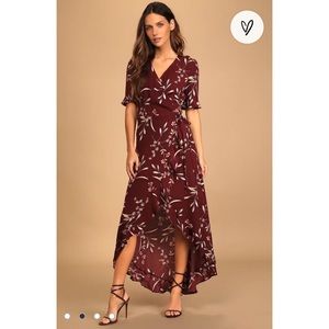 Lulu’s floral wrap dress with hi lo ruffle hem